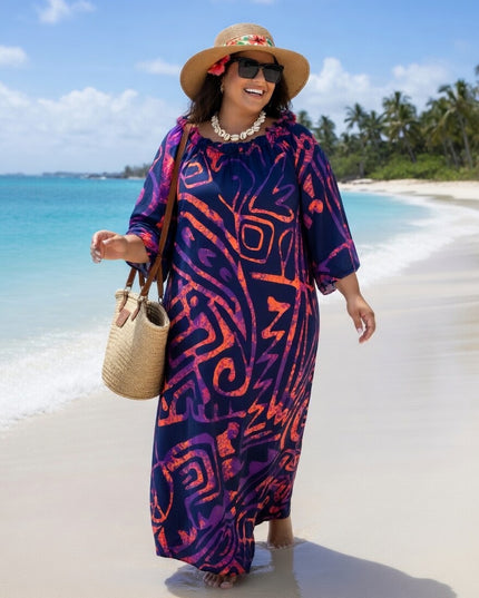 Tropical Tribal Print Chiffon Maxi Dress - Flowy Beach Resort Style