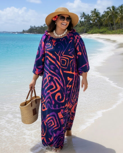 Tropical Tribal Print Chiffon Maxi Dress - Flowy Beach Resort Style