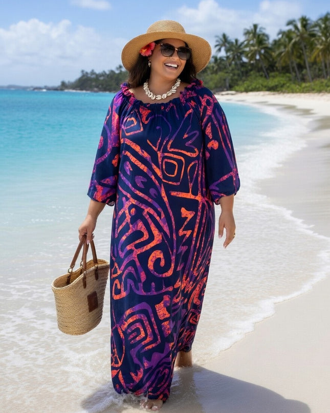 Tropical Tribal Print Chiffon Maxi Dress - Flowy Beach Resort Style