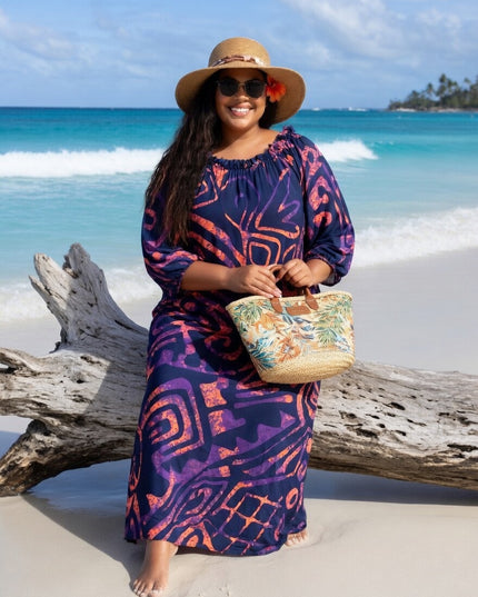 Tropical Tribal Print Chiffon Maxi Dress - Flowy Beach Resort Style