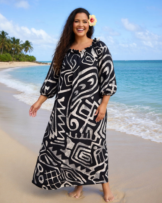 Elegant Tribal Print Chiffon Maxi Dress - Black & White Resort Style