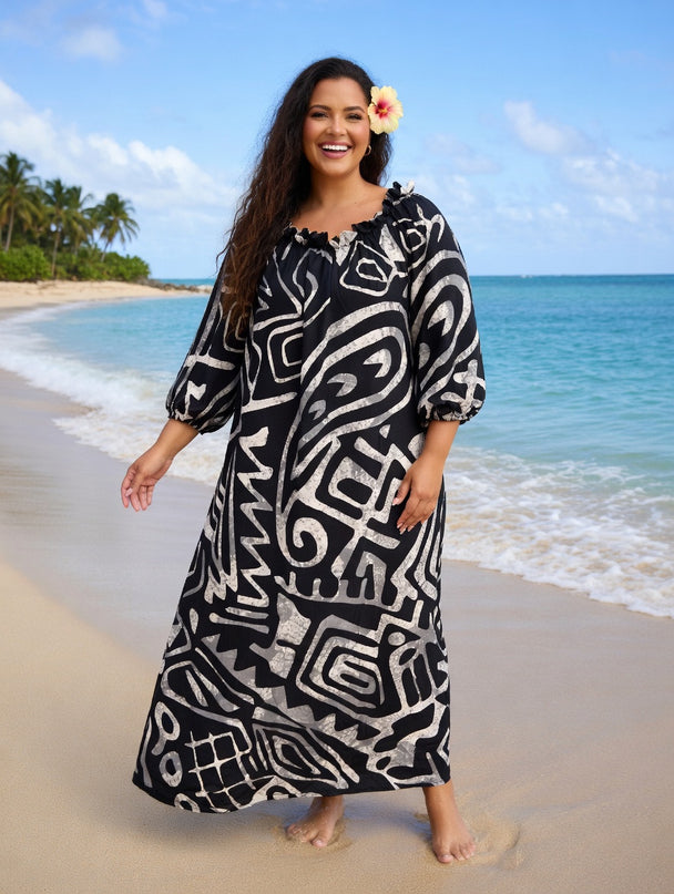 Elegant Tribal Print Chiffon Maxi Dress - Black & White Resort Style