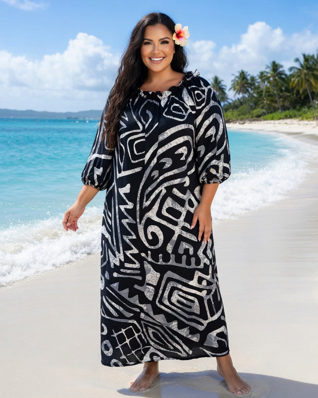 Elegant Tribal Print Chiffon Maxi Dress - Black & White Resort Style