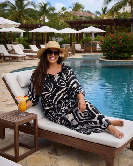 Elegant Tribal Print Chiffon Maxi Dress - Black & White Resort Style
