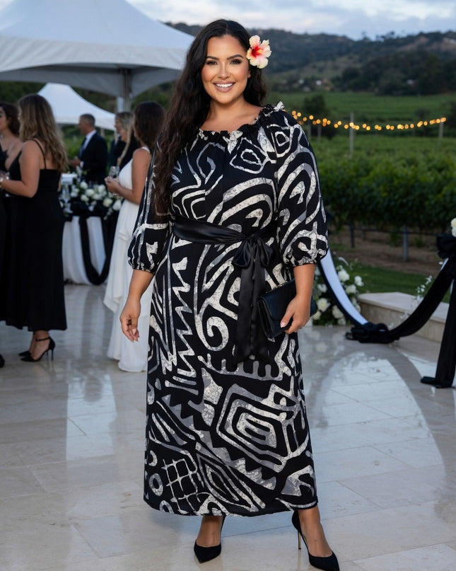 Elegant Tribal Print Chiffon Maxi Dress - Black & White Resort Style
