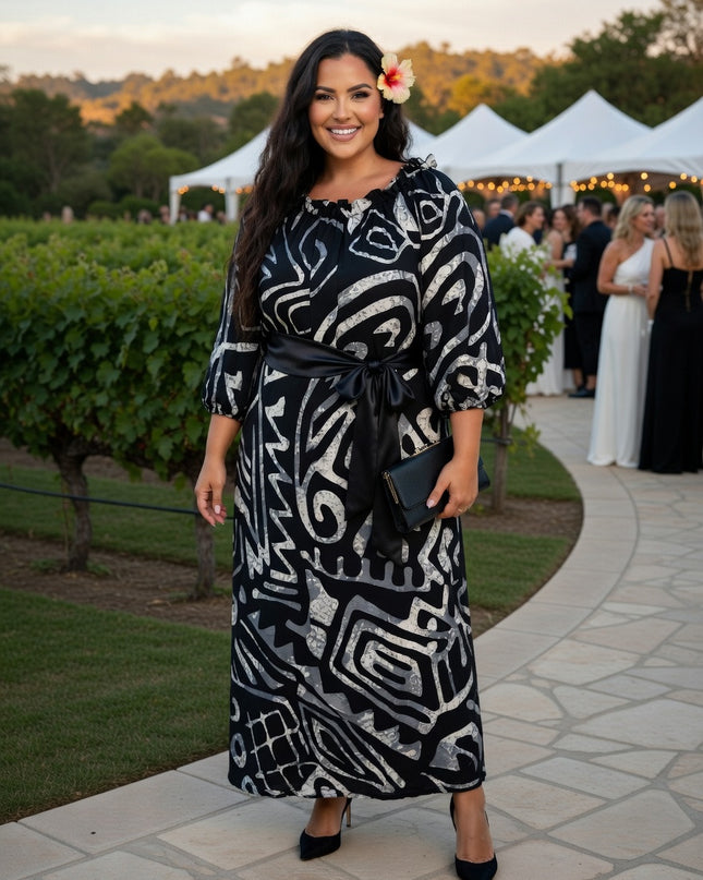 Elegant Tribal Print Chiffon Maxi Dress - Black & White Resort Style