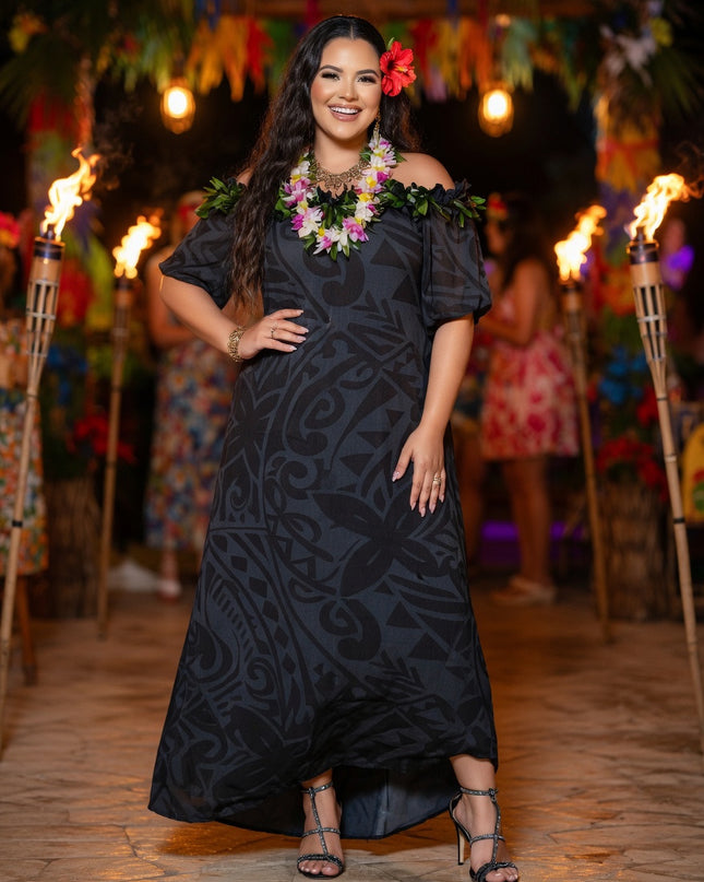 Elegant Tribal Print Chiffon  Maxi Dress - Black Resort Style