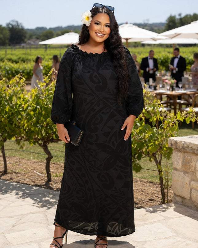 Elegant Tribal Print Chiffon  Maxi Dress - Black Resort Style