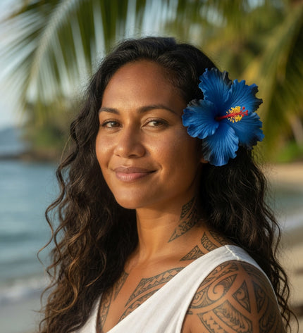 Vibrant Blue and White Tribal Print Maxi Dress with Statement Earrings & Hibiscus hair flower.