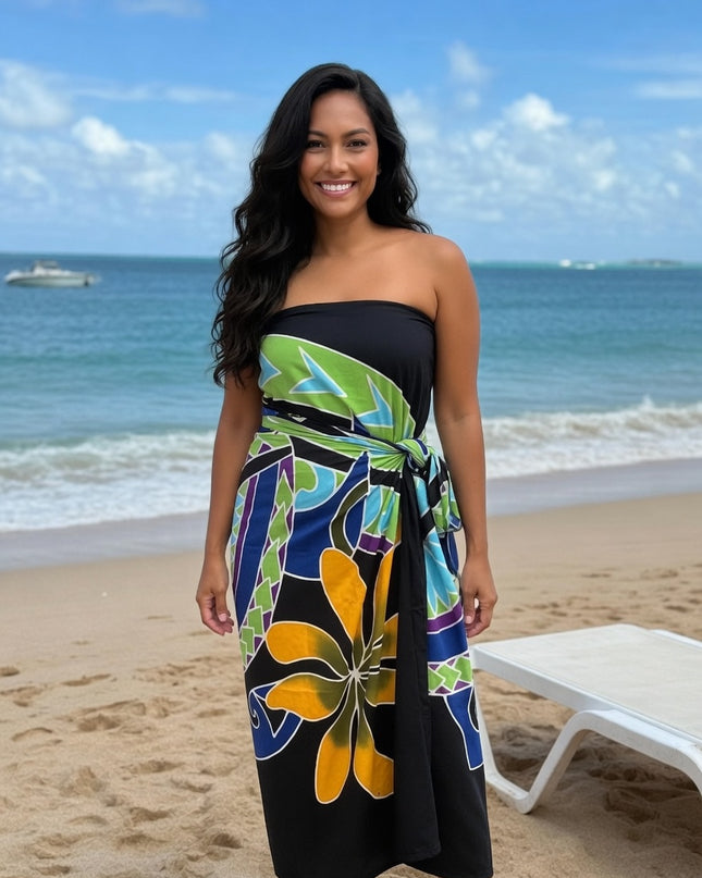 Black Tropical Flower Sarong