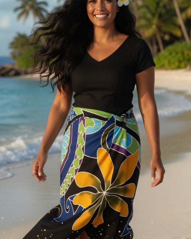 Black Tropical Flower Sarong