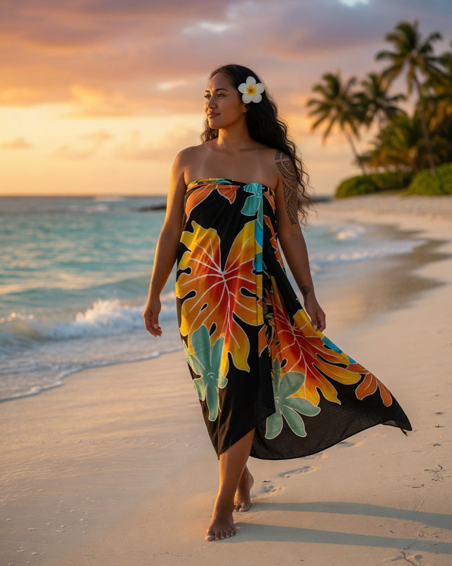 Tropical Sunset Leaf Rayon Sarong Beach Wrap