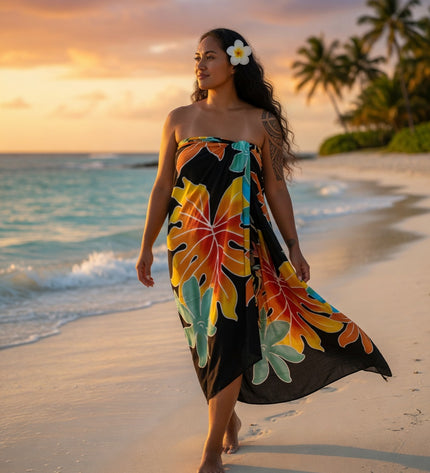 Tropical Sunset Leaf Rayon Sarong Beach Wrap