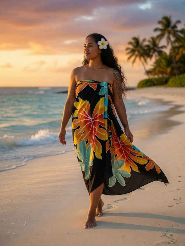 Tropical Sunset Leaf Rayon Sarong Beach Wrap