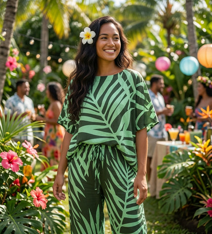 Tropical Leaf Print Top & Drawstring Flare Pants Set