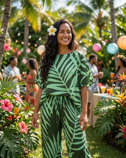 Tropical Leaf Print Top & Drawstring Flare Pants Set
