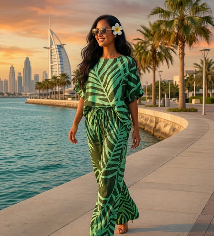 Tropical Leaf Print Top & Drawstring Flare Pants Set