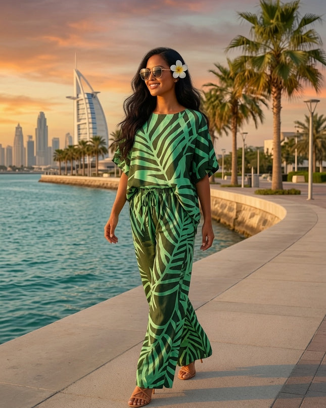 Tropical Leaf Print Top & Drawstring Flare Pants Set