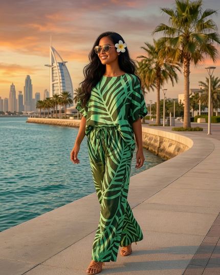 Tropical Leaf Print Top & Drawstring Flare Pants Set