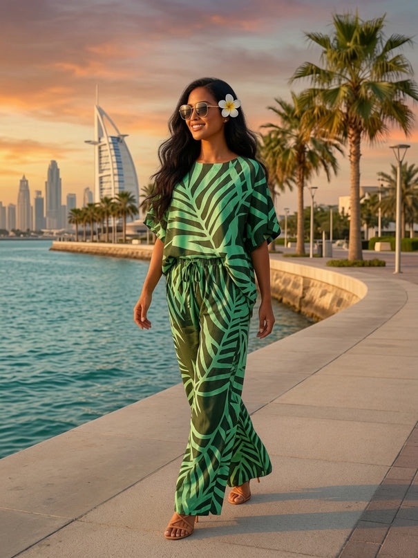 Tropical Leaf Print Top & Drawstring Flare Pants Set