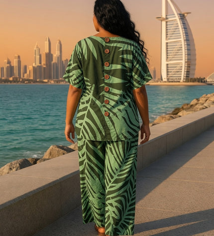 Tropical Leaf Print Top & Drawstring Flare Pants Set