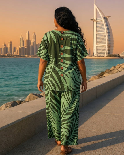 Tropical Leaf Print Top & Drawstring Flare Pants Set