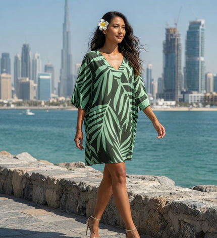 Fern Print V-Neck Rayon Kaftan Short Dress