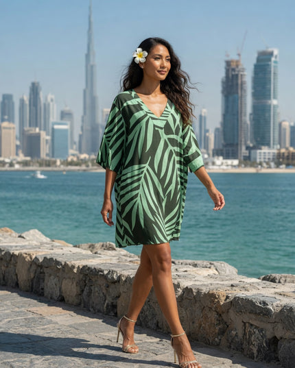 Fern Print V-Neck Rayon Kaftan Short Dress