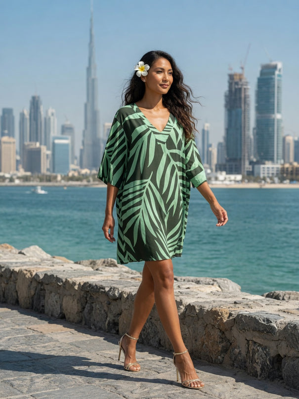 Fern Print V-Neck Rayon Kaftan Short Dress