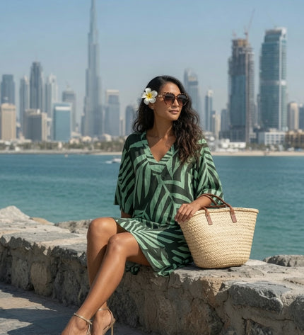 Fern Print V-Neck Rayon Kaftan Short Dress