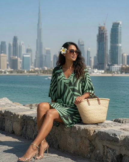 Fern Print V-Neck Rayon Kaftan Short Dress