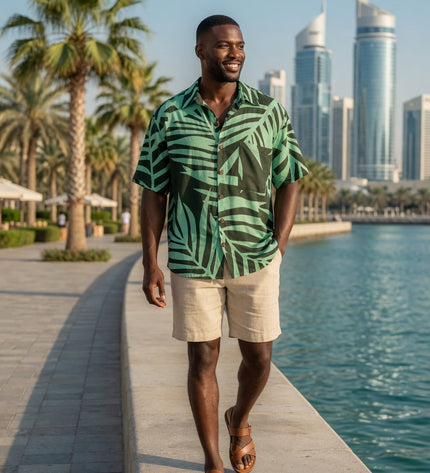 Men's Island Fern Print Rayon Button-Up Shirt - Tropical Green Print