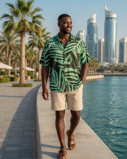 Men's Island Fern Print Rayon Button-Up Shirt - Tropical Green Print