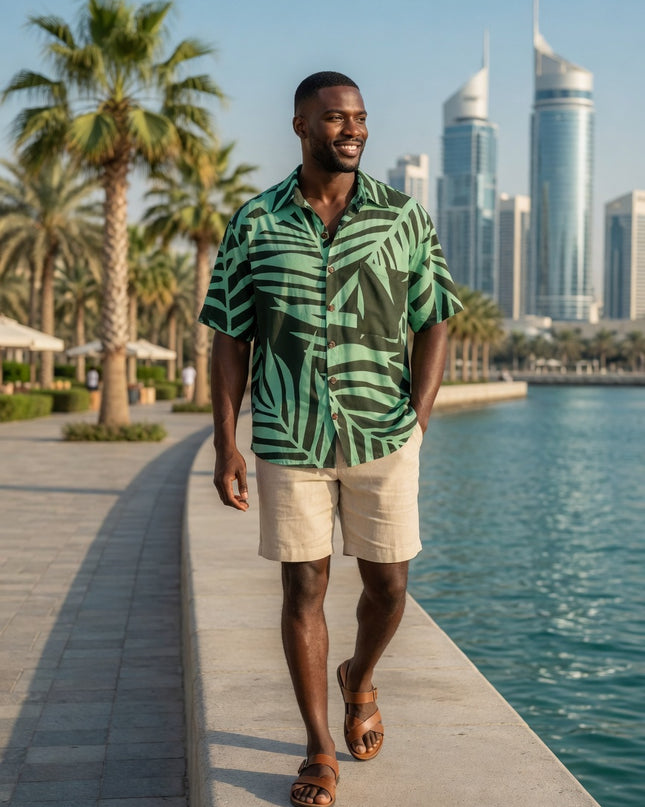 Men's Island Fern Print Rayon Button-Up Shirt - Tropical Green Print