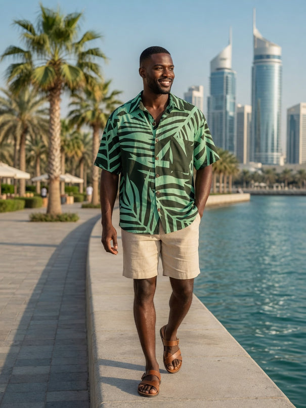 Men's Island Fern Print Rayon Button-Up Shirt - Tropical Green Print