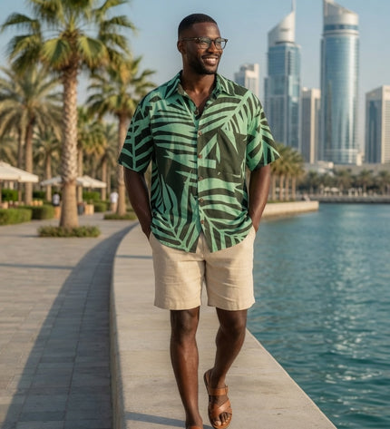 Men's Island Fern Print Rayon Button-Up Shirt - Tropical Green Print