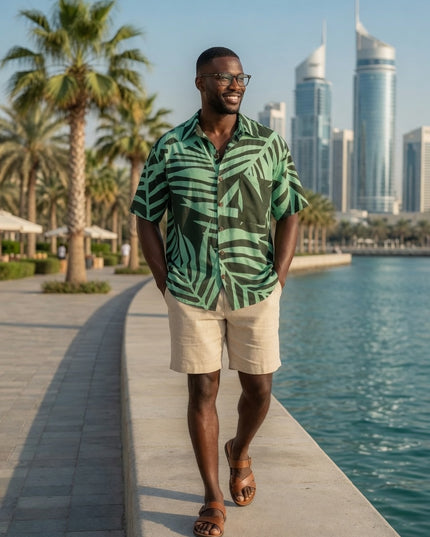 Men's Island Fern Print Rayon Button-Up Shirt - Tropical Green Print