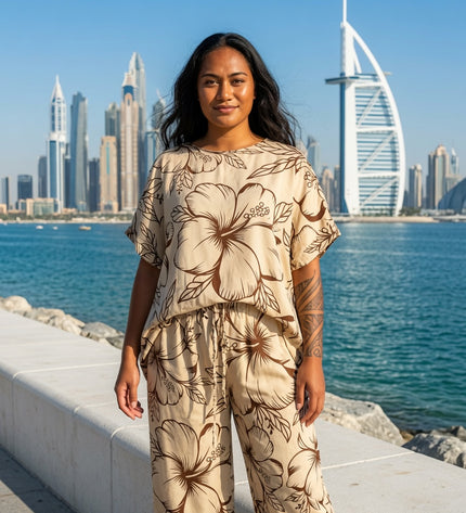 Beige Hibiscus Rayon Matching Set
