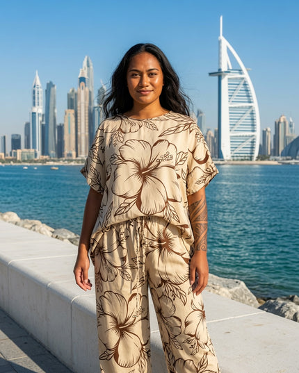 Beige Hibiscus Rayon Matching Set