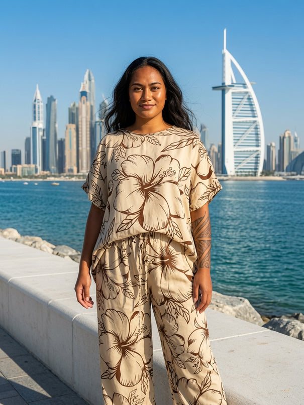 Beige Hibiscus Rayon Matching Set