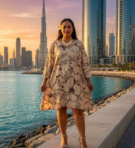 Beige Hibiscus V-Neck Kaftan Dress