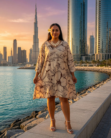 Beige Hibiscus V-Neck Kaftan Dress