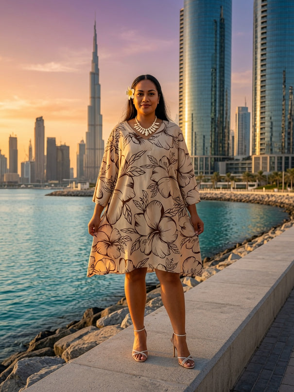 Beige Hibiscus V-Neck Kaftan Dress