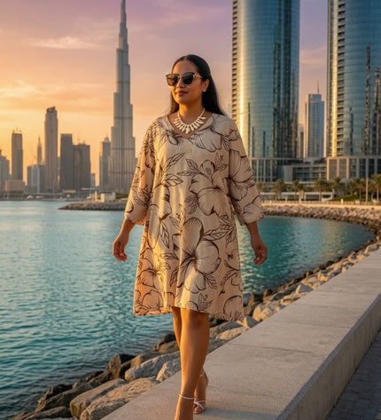 Beige Hibiscus V-Neck Kaftan Dress