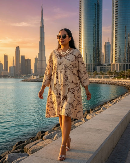 Beige Hibiscus V-Neck Kaftan Dress