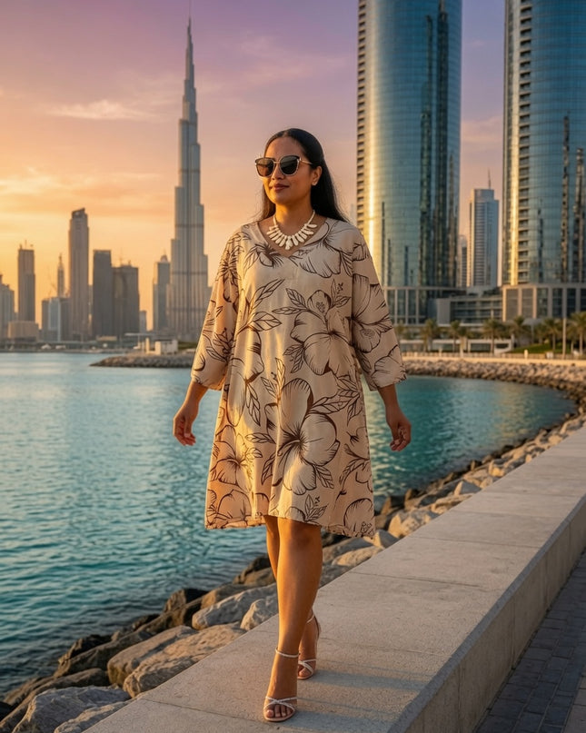 Beige Hibiscus V-Neck Kaftan Dress