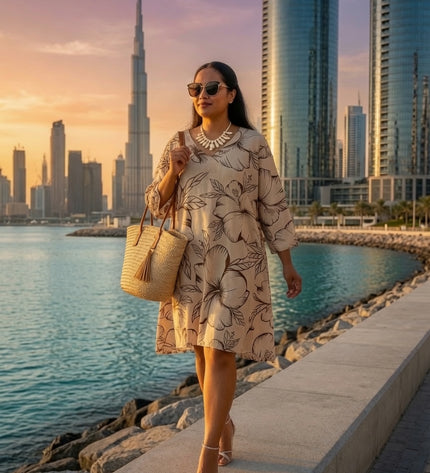 Beige Hibiscus V-Neck Kaftan Dress