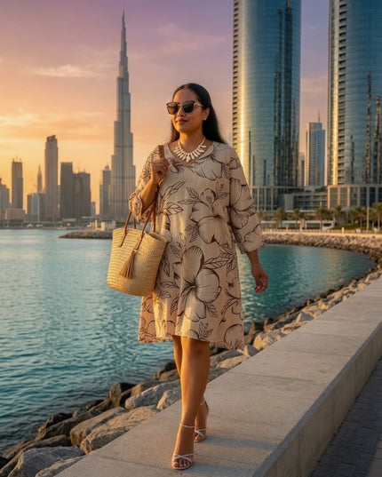 Beige Hibiscus V-Neck Kaftan Dress