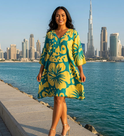Tropical Hibiscus V-Neck Kaftan Dress