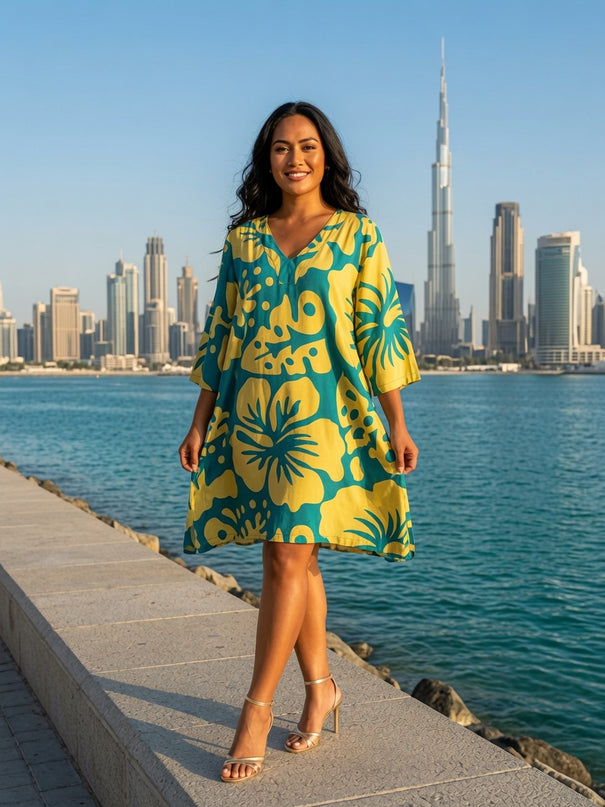 Tropical Hibiscus V-Neck Kaftan Dress